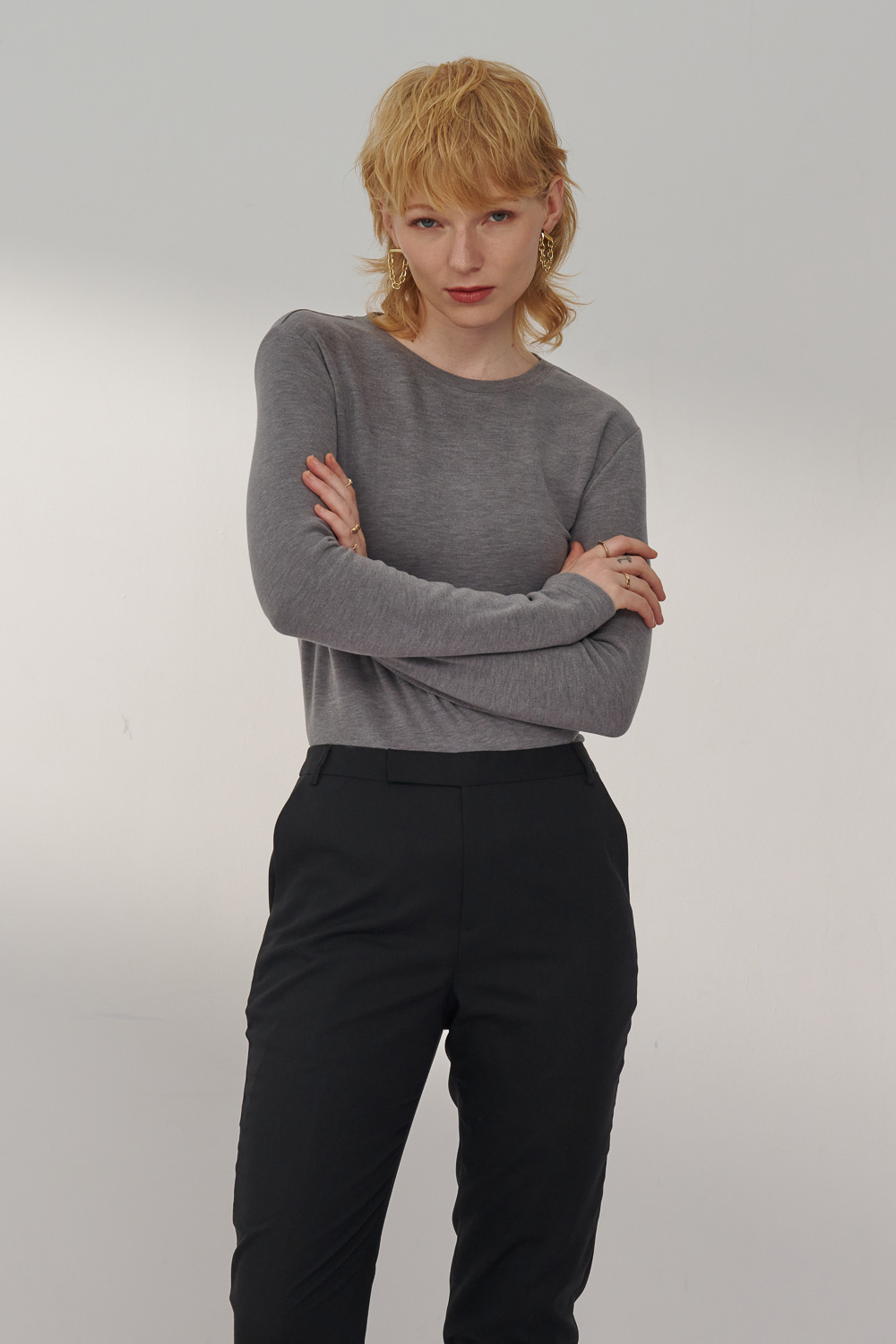 SST&C Dark Gray Round Neck Long Sleeve T-Shirt | 8762311002  (Outlet)_3