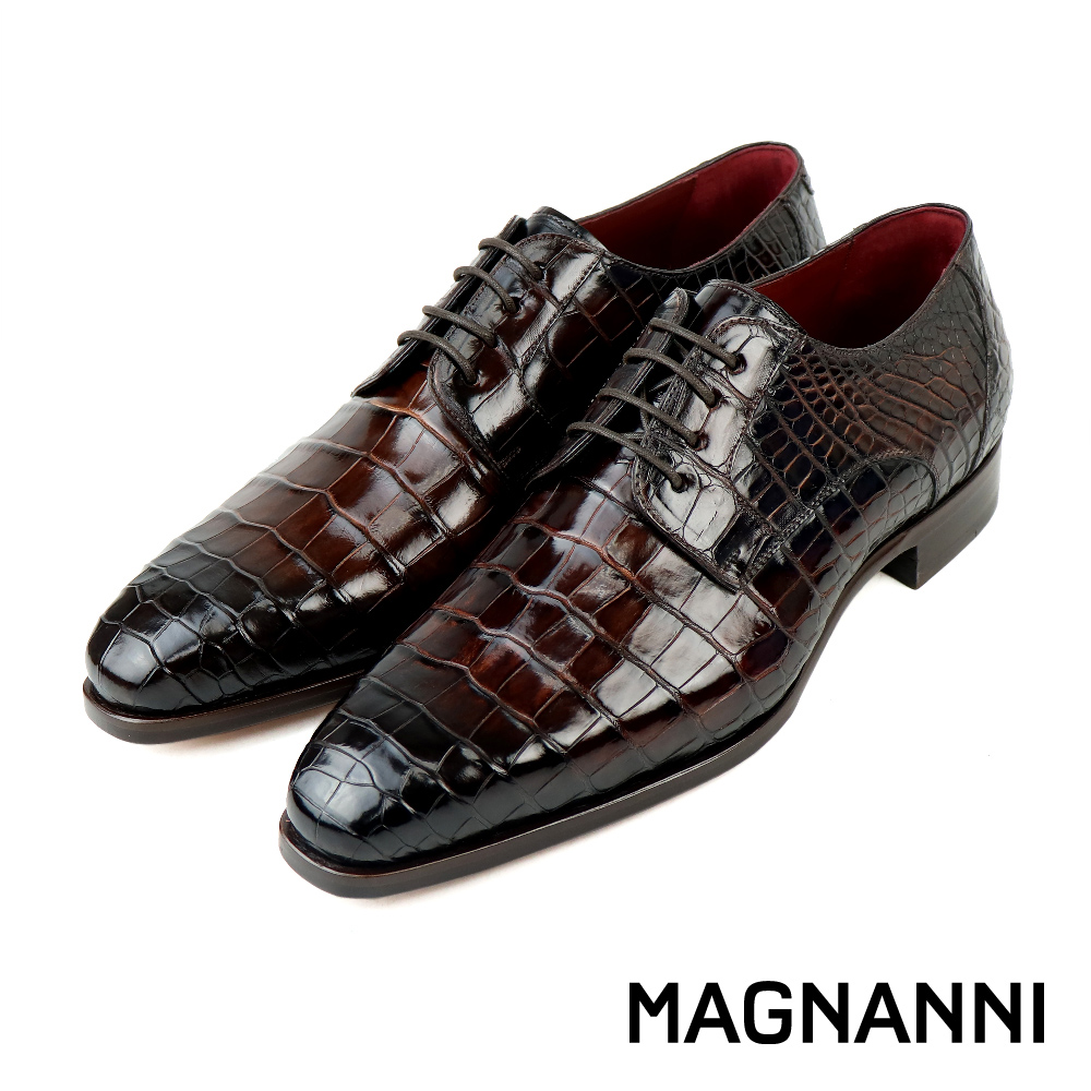 【MAGNANNI】西班牙手工精緻短吻鱷魚皮綁帶德比鞋  黑棕色(17636-BR)