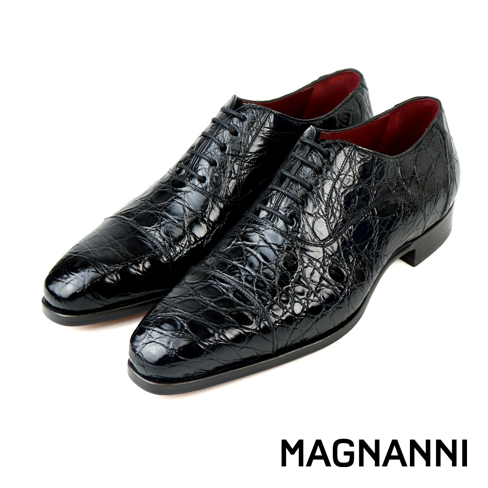 【MAGNANNI】西班牙手工鱷魚皮壓紋綁帶牛津鞋 黑色(17640-BL)