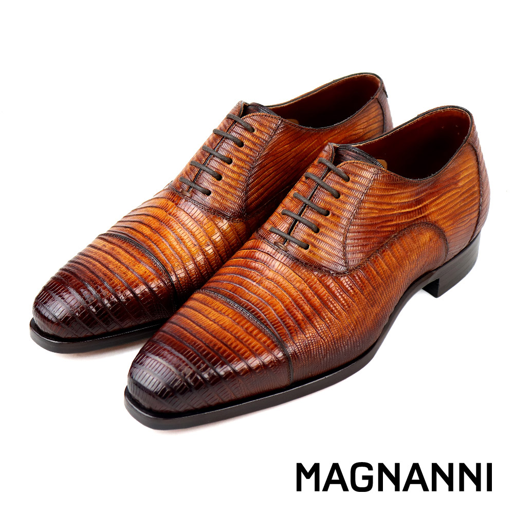 【MAGNANNI】西班牙手工蜥蜴皮壓紋綁帶牛津鞋 棕色(21831-CUE)