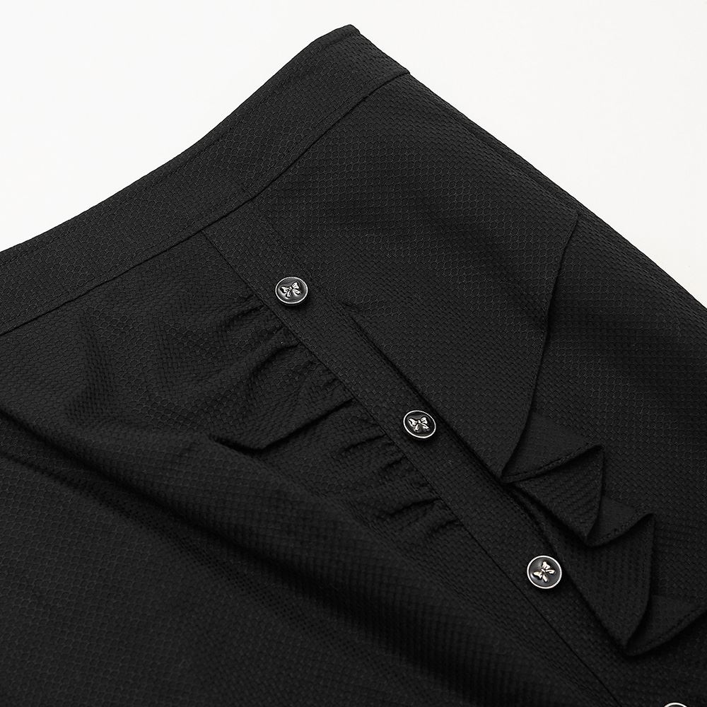 ILEY伊蕾 荷葉抓褶排釦開衩鉛筆裙(黑色；M-XL)1234012104_2