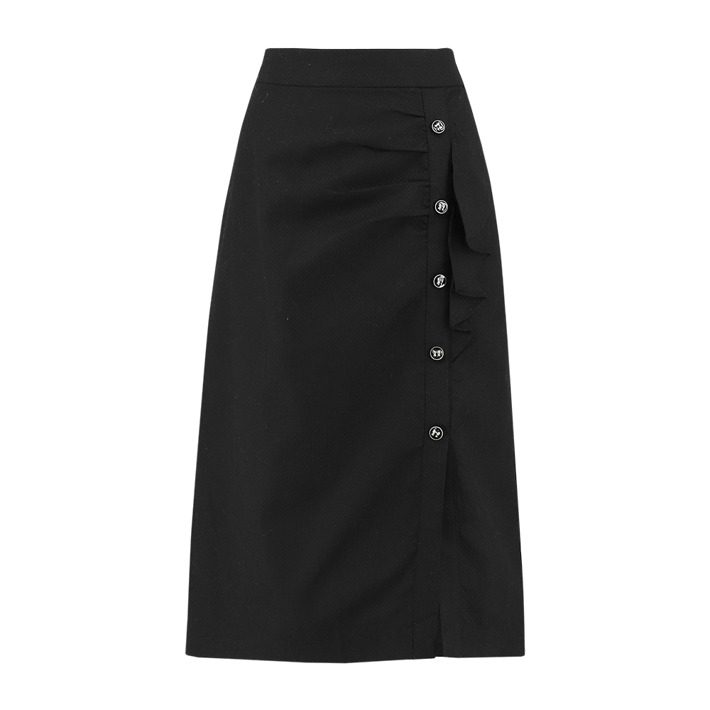 ILEY伊蕾 荷葉抓褶排釦開衩鉛筆裙(黑色；M-XL)1234012104_4