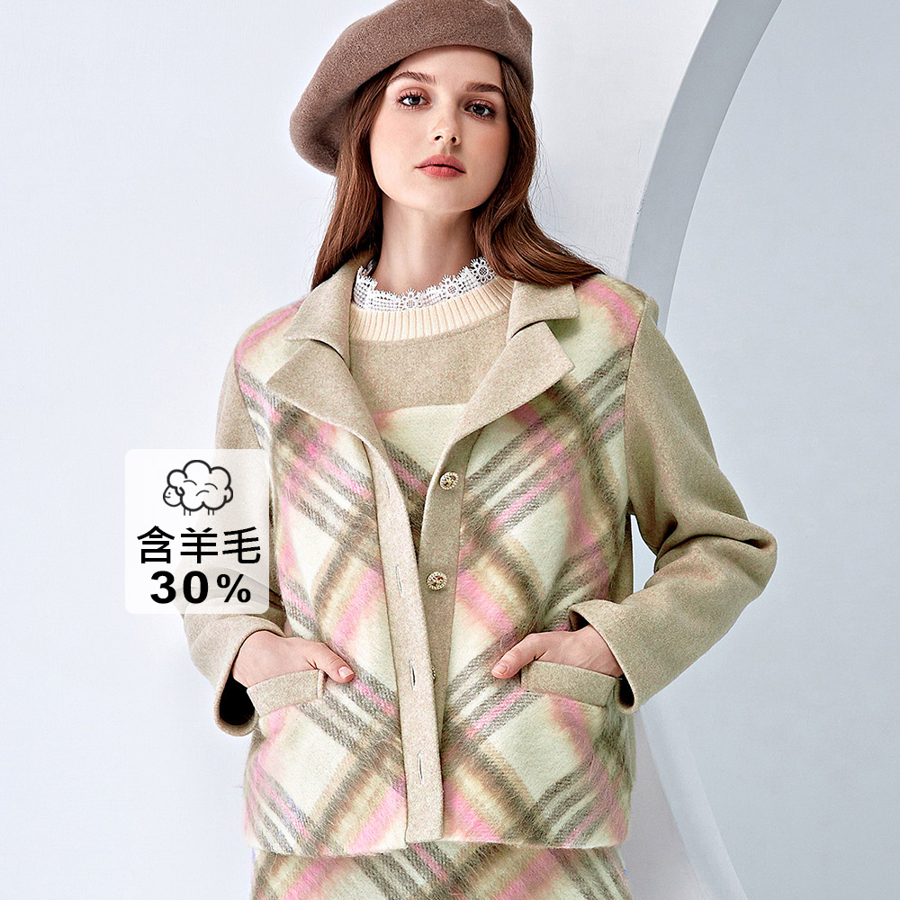 ILEY伊蕾 格紋羊毛呢微寬鬆排釦外套(杏色；M-XL)1234204603_0
