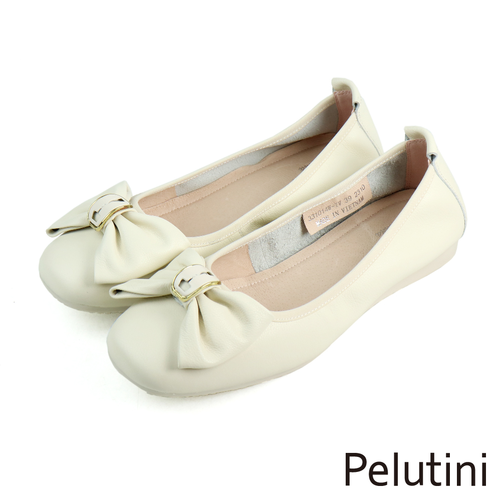 【Pelutini】蝴蝶結配飾造型包頭平底鞋 象牙白(331014W-IV)
