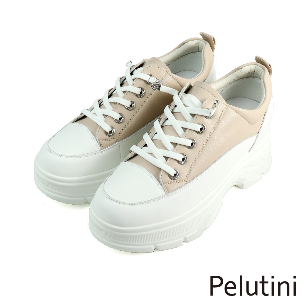 【Pelutini】經典厚底伸縮免綁帶休閒鞋 米色(335005AW-WHBE)