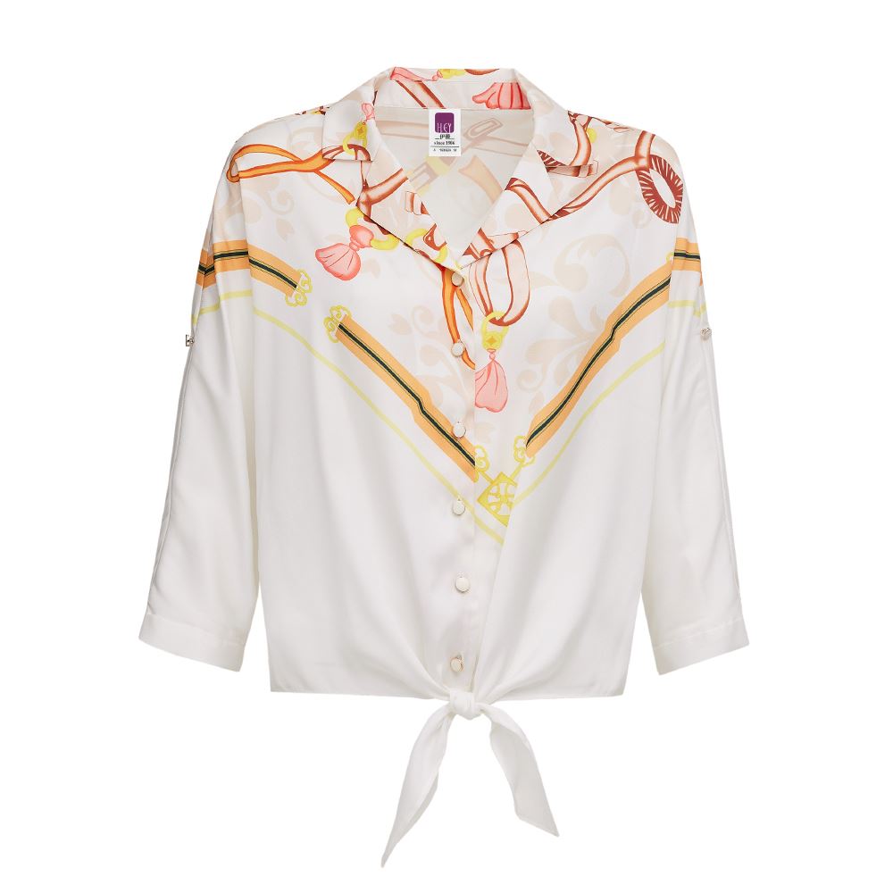 ILEY伊蕾 歐風絲巾印花綁帶連袖上衣(白色；M-XL)1233161506_4
