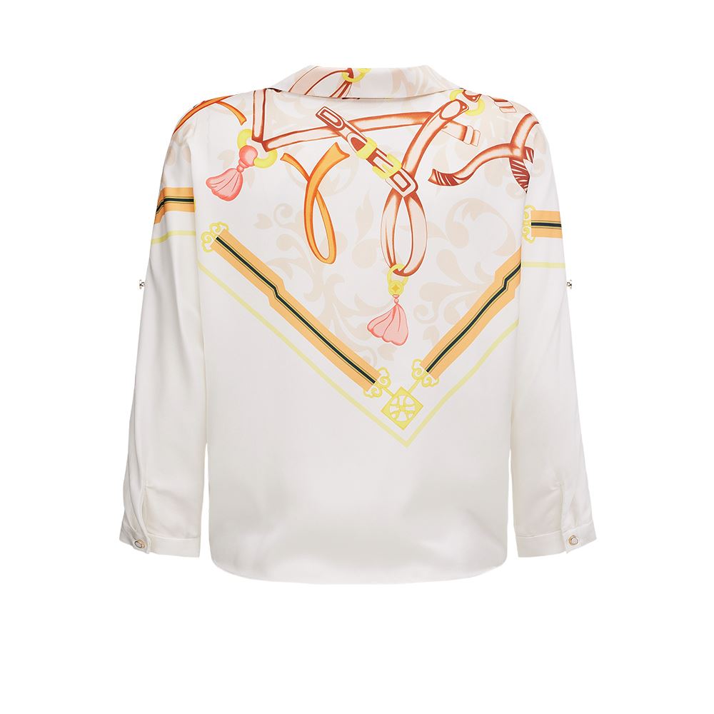 ILEY伊蕾 歐風絲巾印花綁帶連袖上衣(白色；M-XL)1233161506_5
