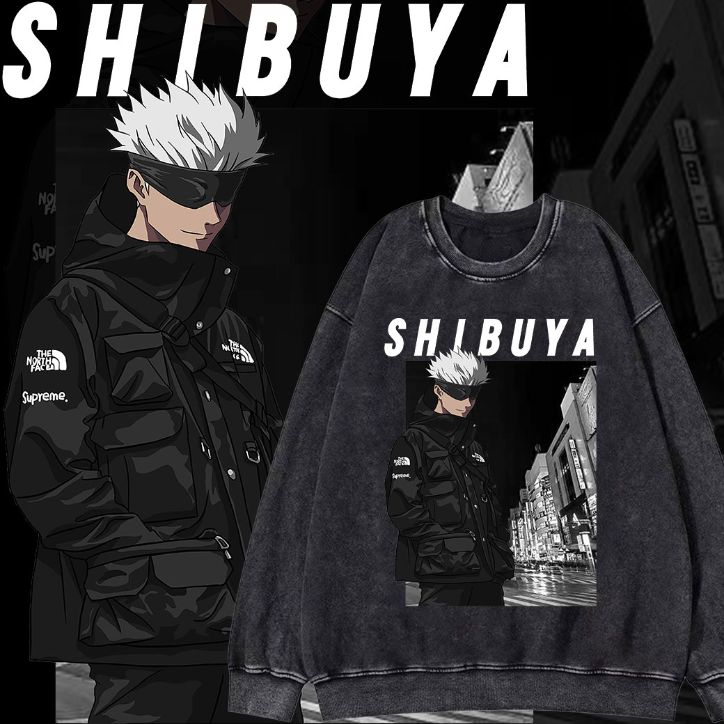 五條悟 咒術迴戰 SHIBUYA澀谷事變 純棉美式做舊水洗大學TEE 衛衣 動漫 獨家設計款_0