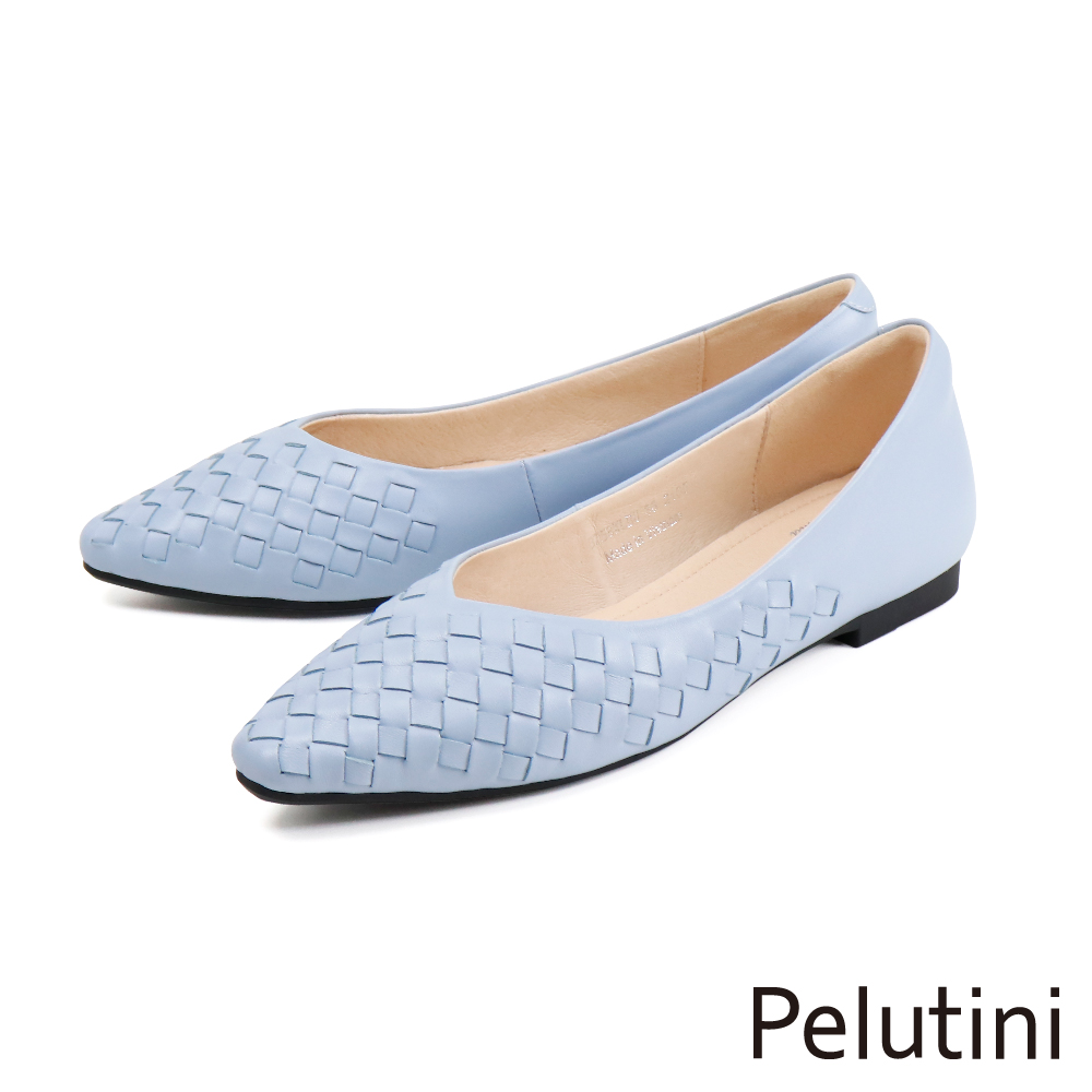 【Pelutini】尖頭菱格紋編織造型低跟鞋 水藍色(8758W-LBU)