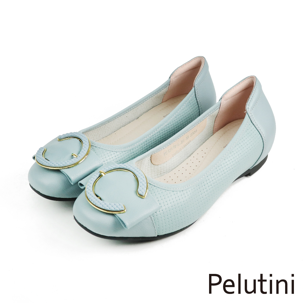 【Pelutini】C字配飾造型包頭低跟鞋 水藍色(PE1211W-LBU)
