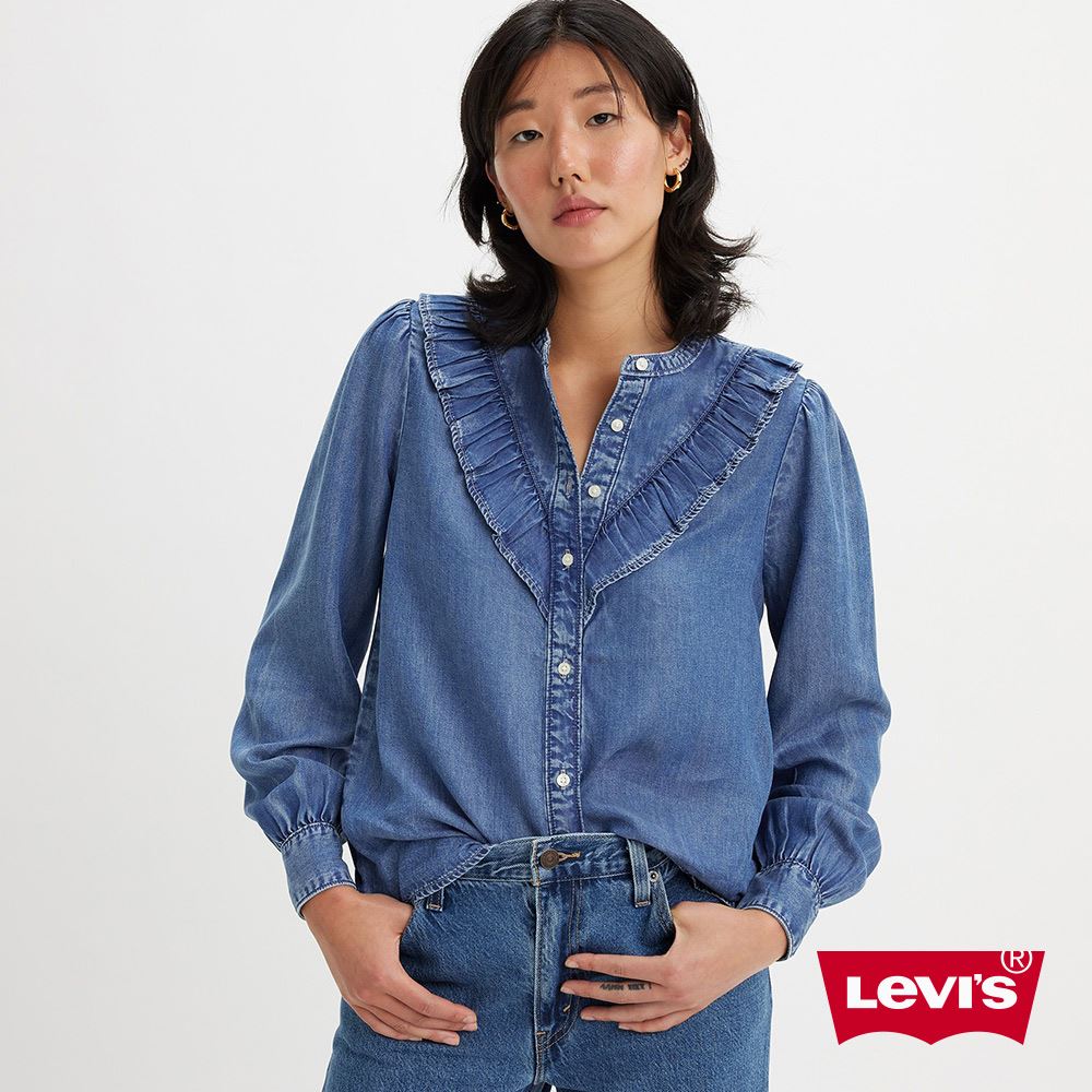 Levis 女款 無領荷葉邊天絲棉牛仔襯衫 熱賣單品