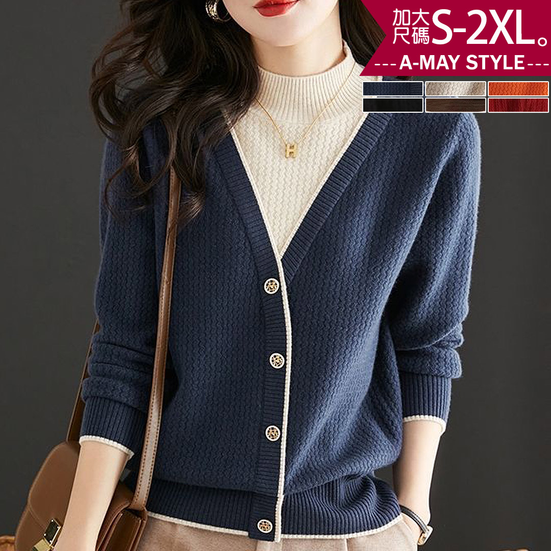 加大碼 上衣 半立領撞色拼接假兩件針織上衣(S-2XL)【XC122740】＊艾美時尚(現+預)_0