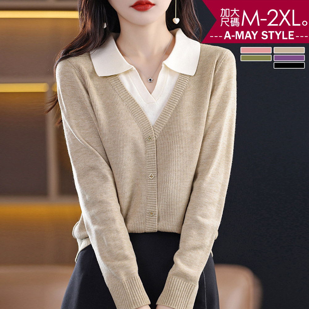 加大碼 針織衫 上衣 日系簡約翻領假兩件針織上衣(M-2XL)【XNL38241】＊艾美時尚(現+預)_0
