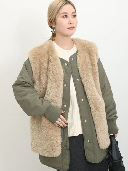 【SET ITEM】雙面穿抽繩鋪棉外套+毛絨背心外套(FG37L0Y0580) - Samansa Mos2 blue
