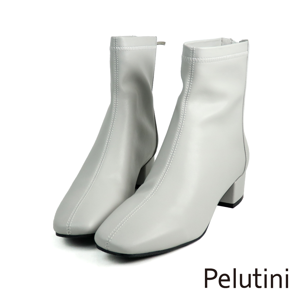 【Pelutini】經典素面方頭粗跟拉鍊短襪靴 灰色(PE2022W-LGY)
