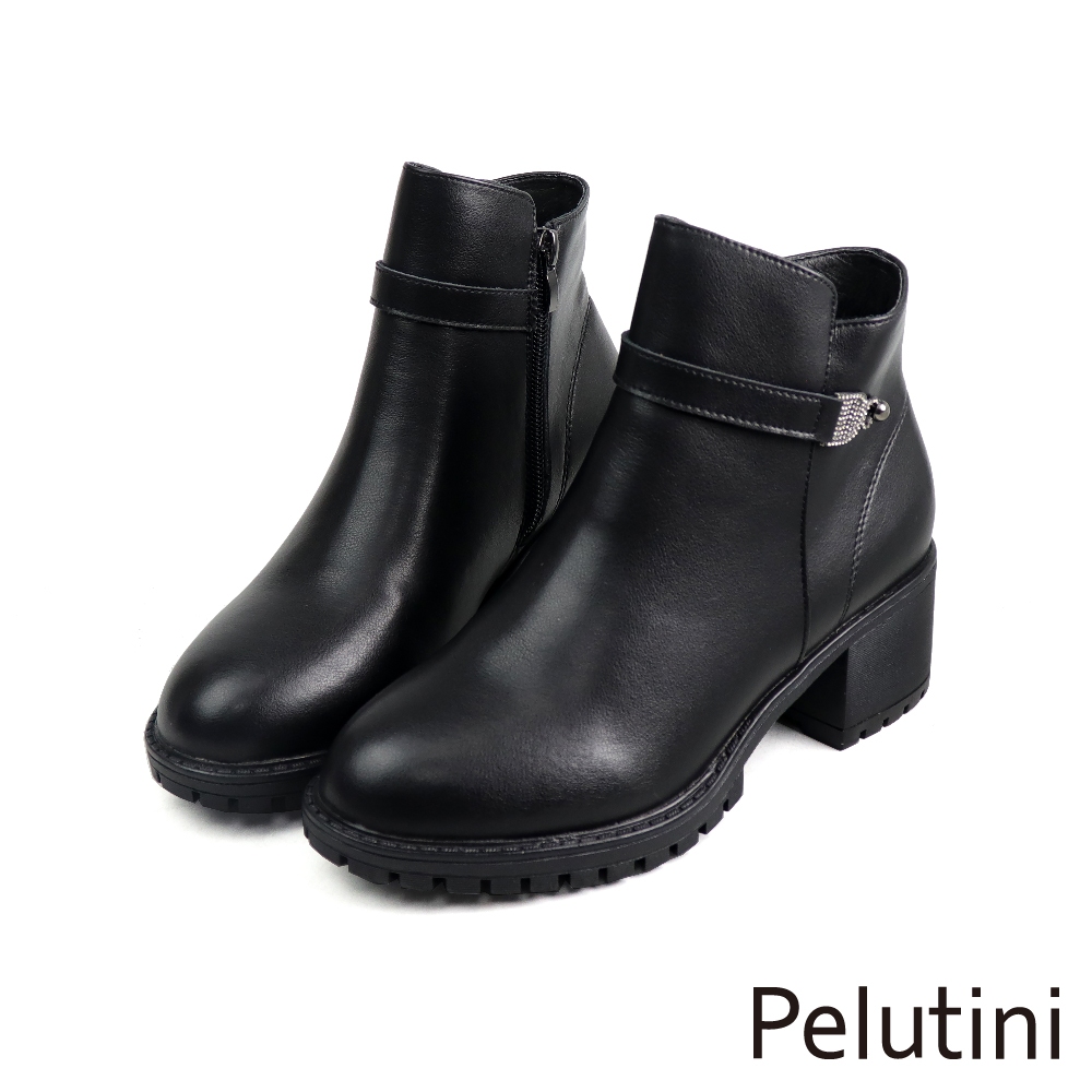 【Pelutini】經典復古鑲鑽釦環粗跟短靴 黑色(PE2021W-BL)