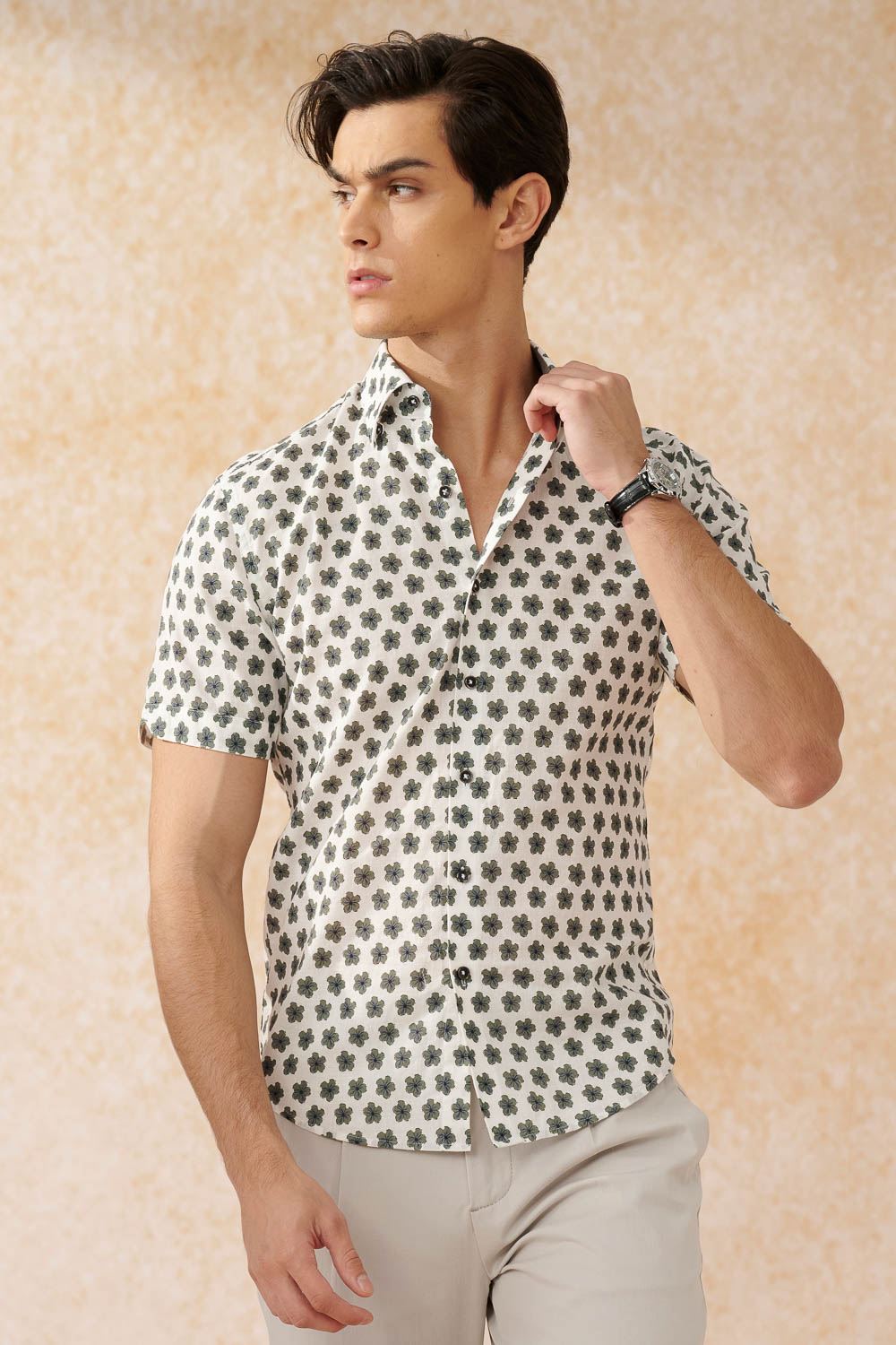 SST&C Dark Green Floral Cotton and Linen Slim Fit Short-Sleeved Shirt | 0412402005  (Outlet)_0
