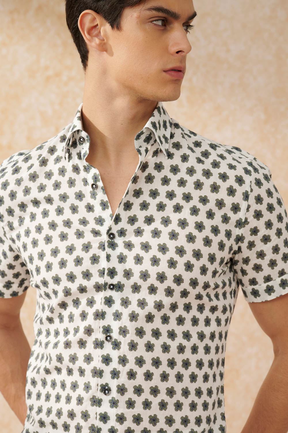 SST&C Dark Green Floral Cotton and Linen Slim Fit Short-Sleeved Shirt | 0412402005  (Outlet)_1