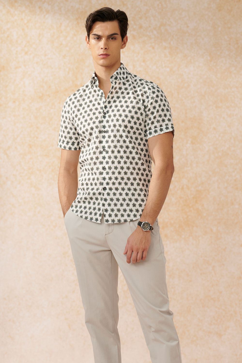 SST&C Dark Green Floral Cotton and Linen Slim Fit Short-Sleeved Shirt | 0412402005  (Outlet)_2