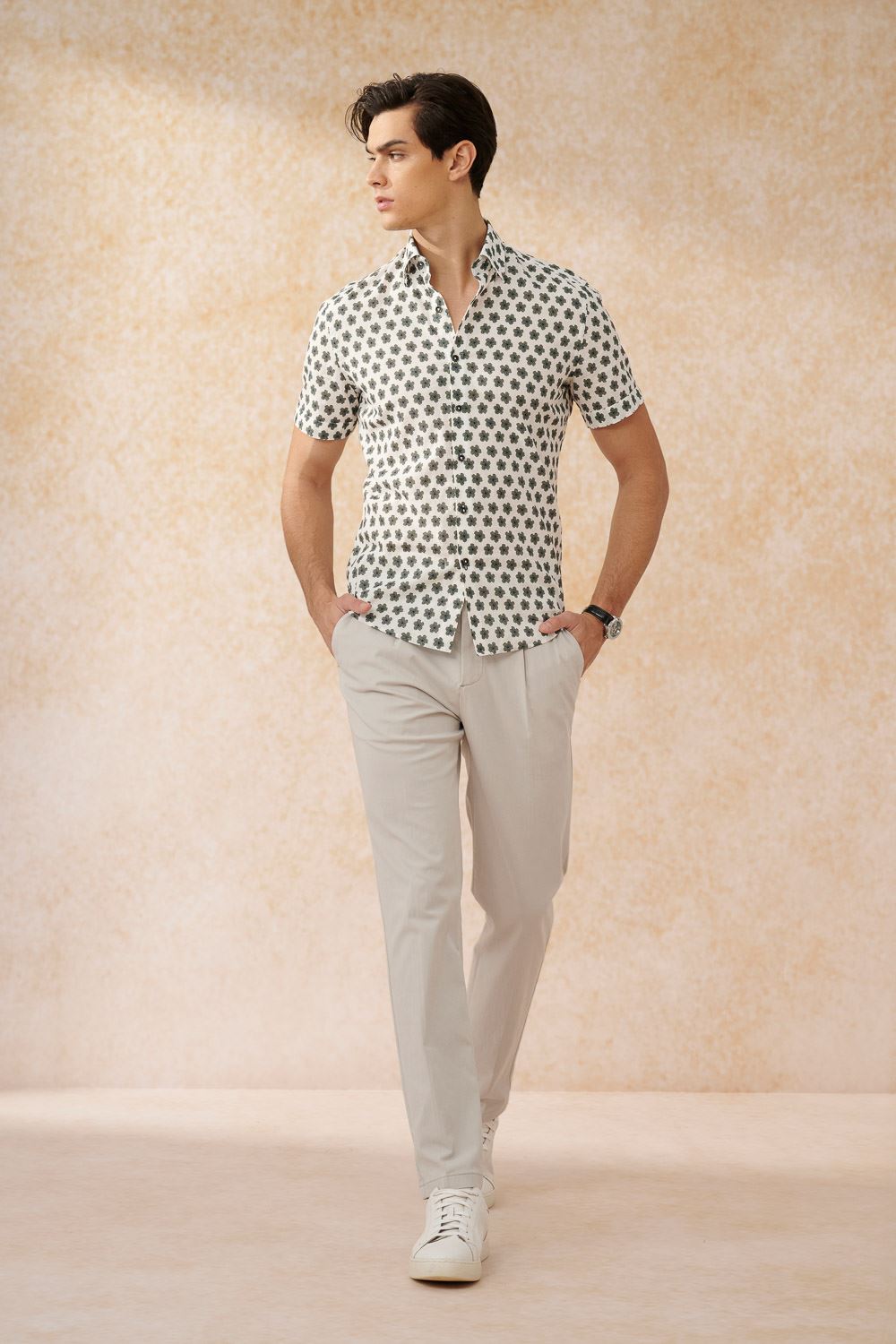 SST&C Dark Green Floral Cotton and Linen Slim Fit Short-Sleeved Shirt | 0412402005  (Outlet)_3