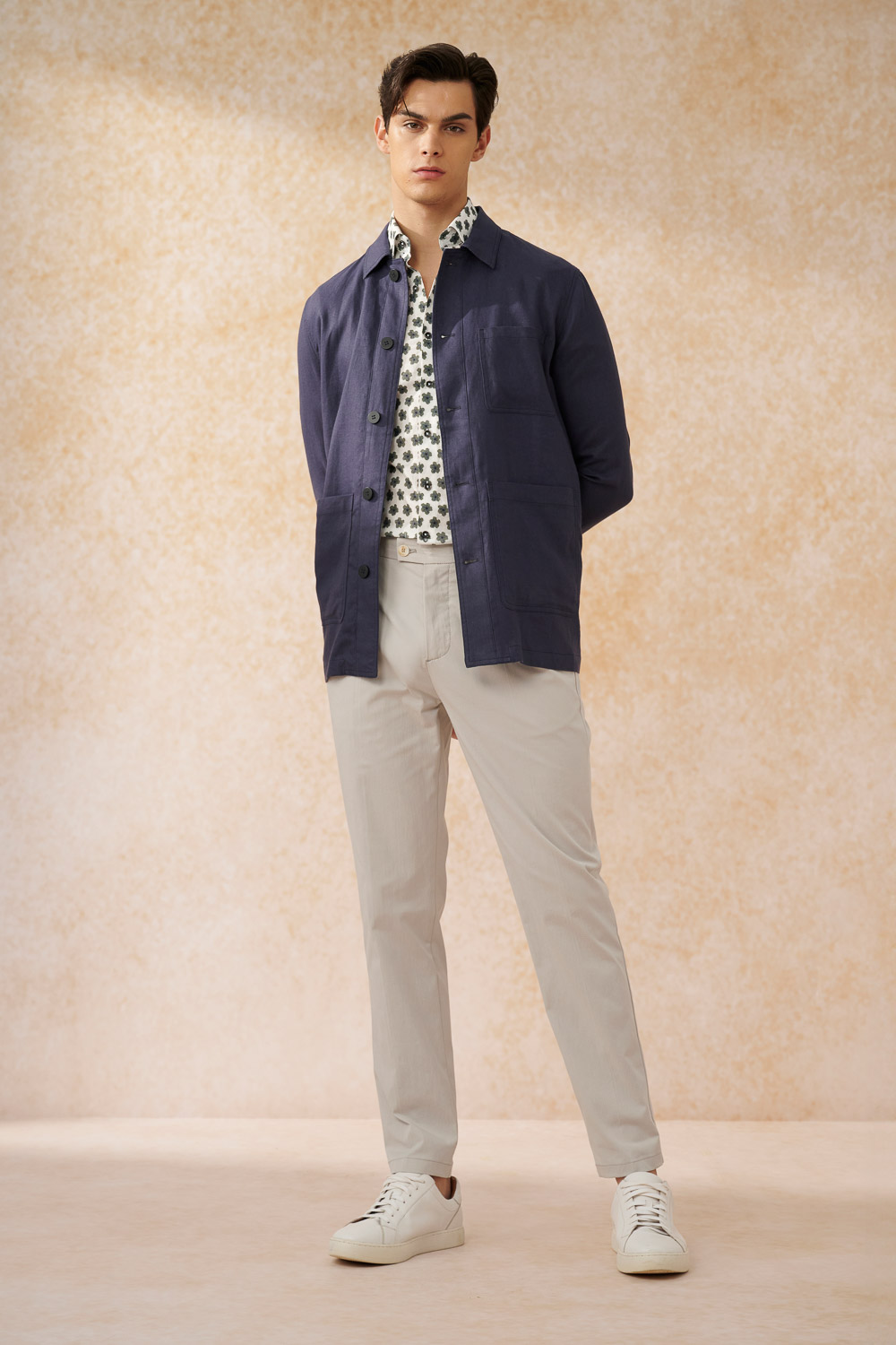 SST&C Dark Green Floral Cotton and Linen Slim Fit Short-Sleeved Shirt | 0412402005  (Outlet)_4