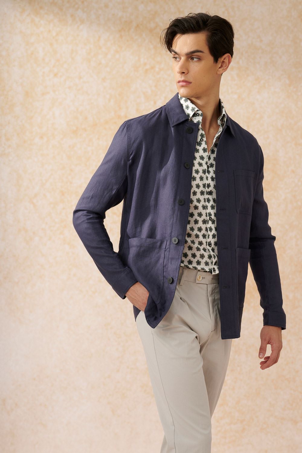 SST&C Dark Green Floral Cotton and Linen Slim Fit Short-Sleeved Shirt | 0412402005  (Outlet)_5