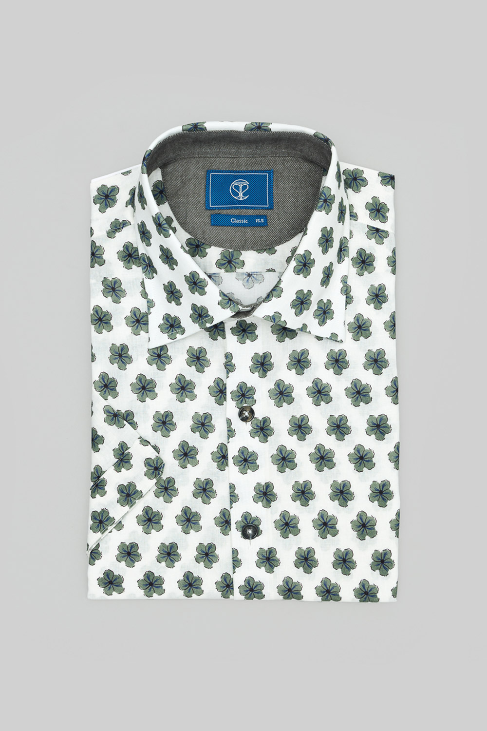 SST&C Dark Green Floral Cotton and Linen Slim Fit Short-Sleeved Shirt | 0412402005  (Outlet)_7