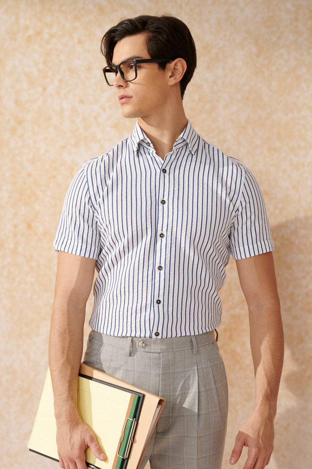 SST&C Blue Striped Pattern Seersucker Slim Fit Short-Sleeved Shirt | 0412402006  (Outlet)_0