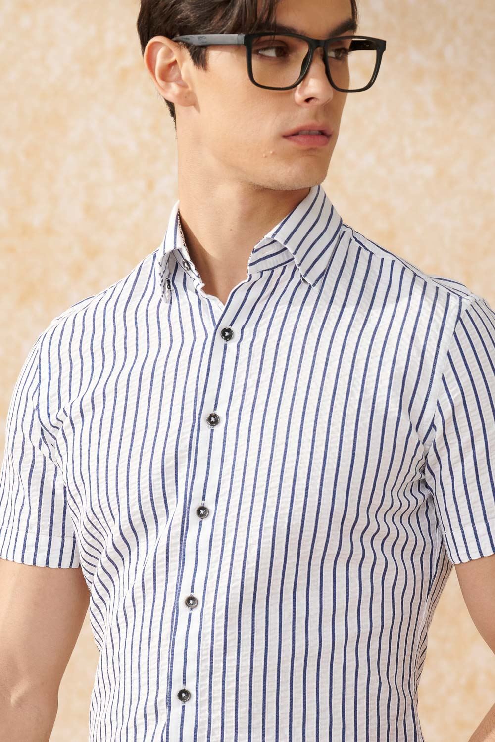 SST&C Blue Striped Pattern Seersucker Slim Fit Short-Sleeved Shirt | 0412402006  (Outlet)_1
