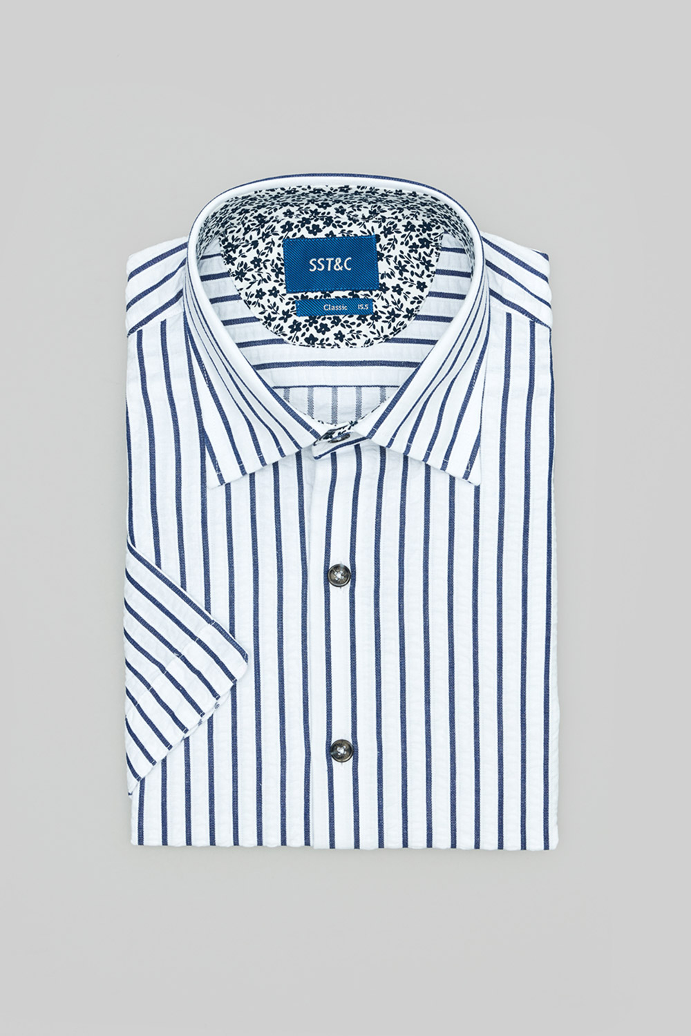 SST&C Blue Striped Pattern Seersucker Slim Fit Short-Sleeved Shirt | 0412402006  (Outlet)_5