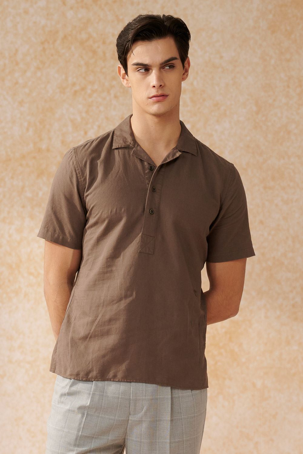 SST&C Brown Cotton and Linen Half Placket Cuban Collar Loose Fit Short-Sleeved Shirt | 0412402011  (Outlet)_0