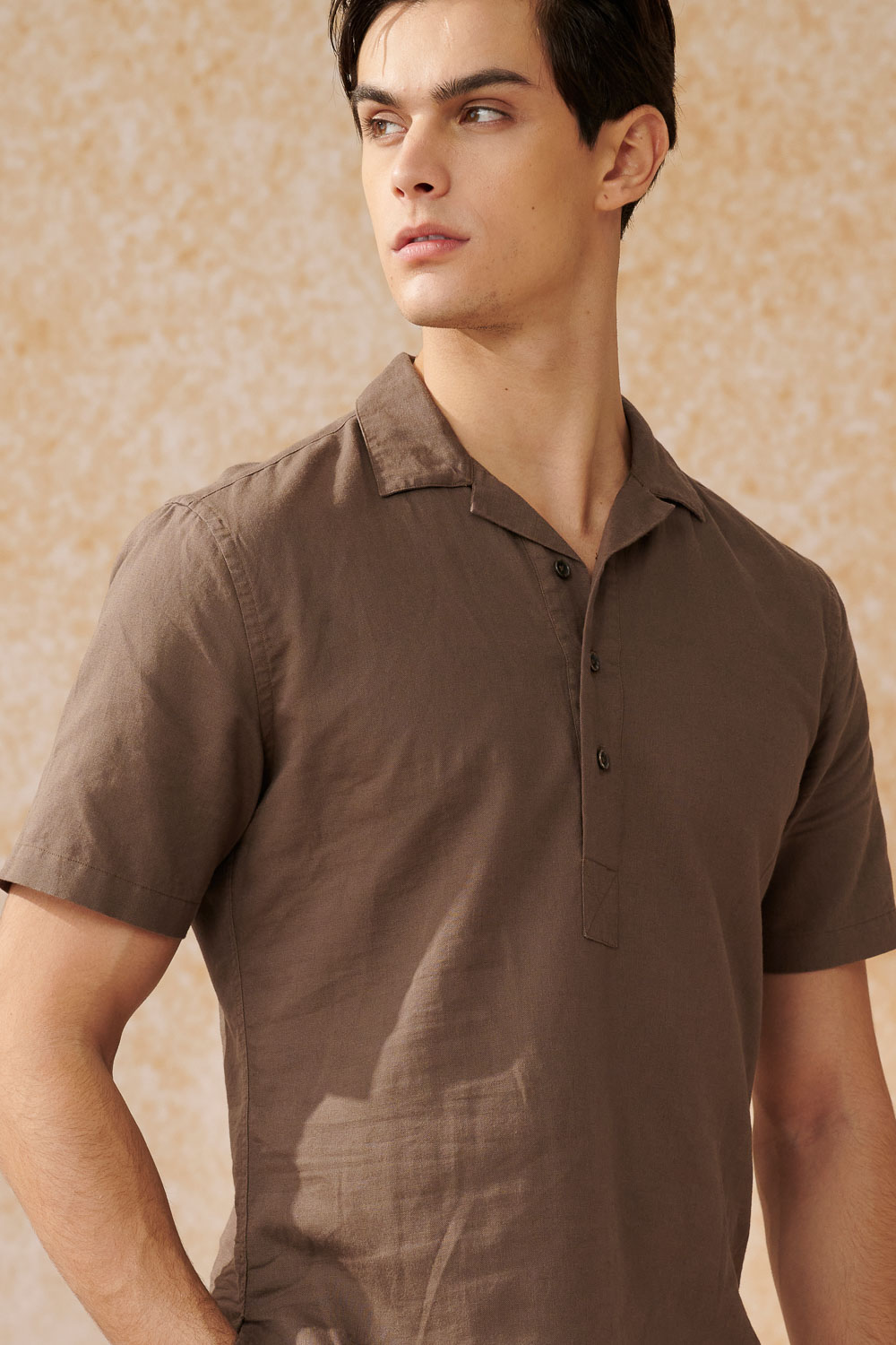 SST&C Brown Cotton and Linen Half Placket Cuban Collar Loose Fit Short-Sleeved Shirt | 0412402011  (Outlet)_1