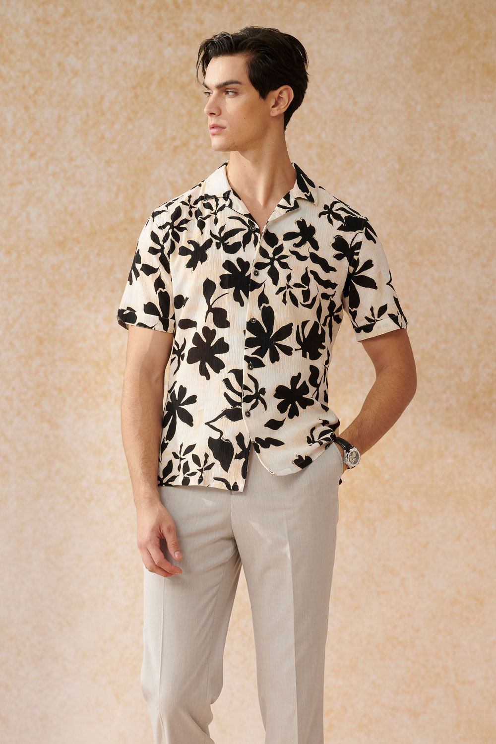 SST&C Black Large Printed Crepe Cuban Collar Loose Fit Short Sleeve Shirt | 0412402015  (Outlet)_2