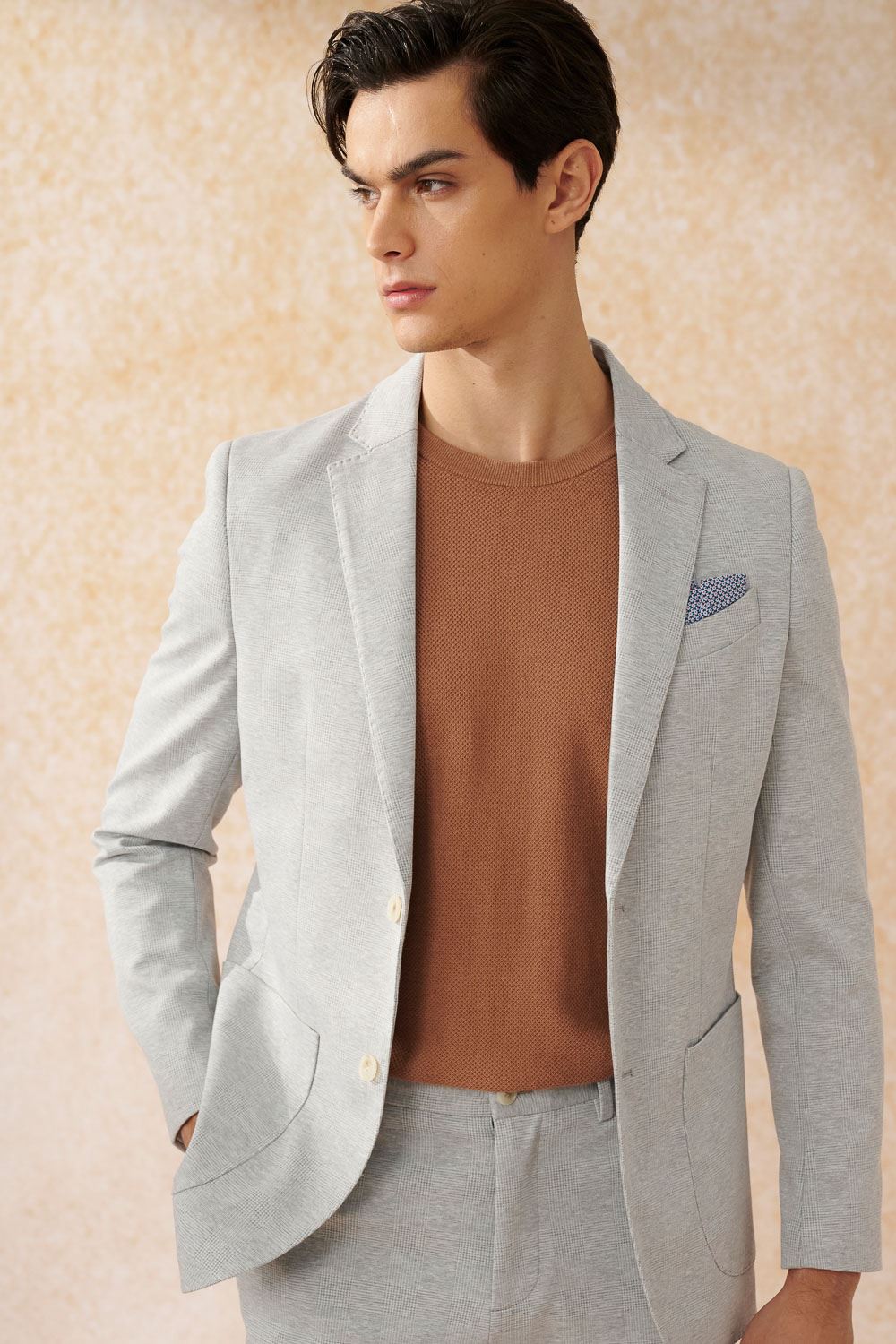SST&C Beige Checkered Knitted Casual Suit | 0612402003  (Outlet)_4