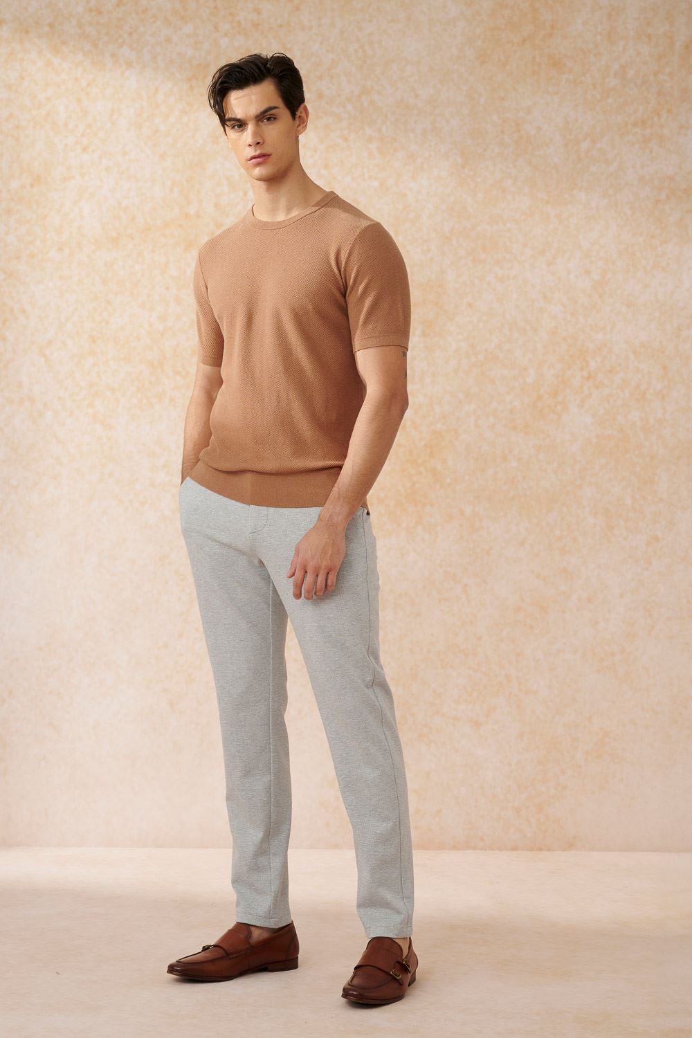 SST&C Light Gray Check Pattern Slim Fit Knitted Elastic Casual Trousers | 1212402003  (Outlet)_1