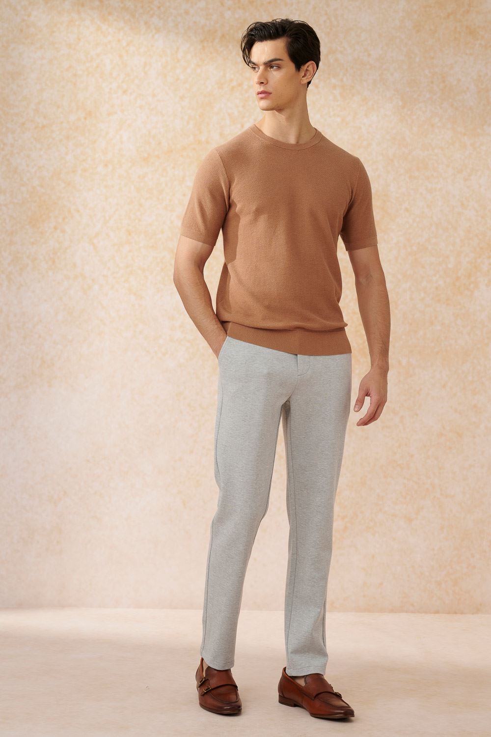 SST&C Light Gray Check Pattern Slim Fit Knitted Elastic Casual Trousers | 1212402003  (Outlet)_2