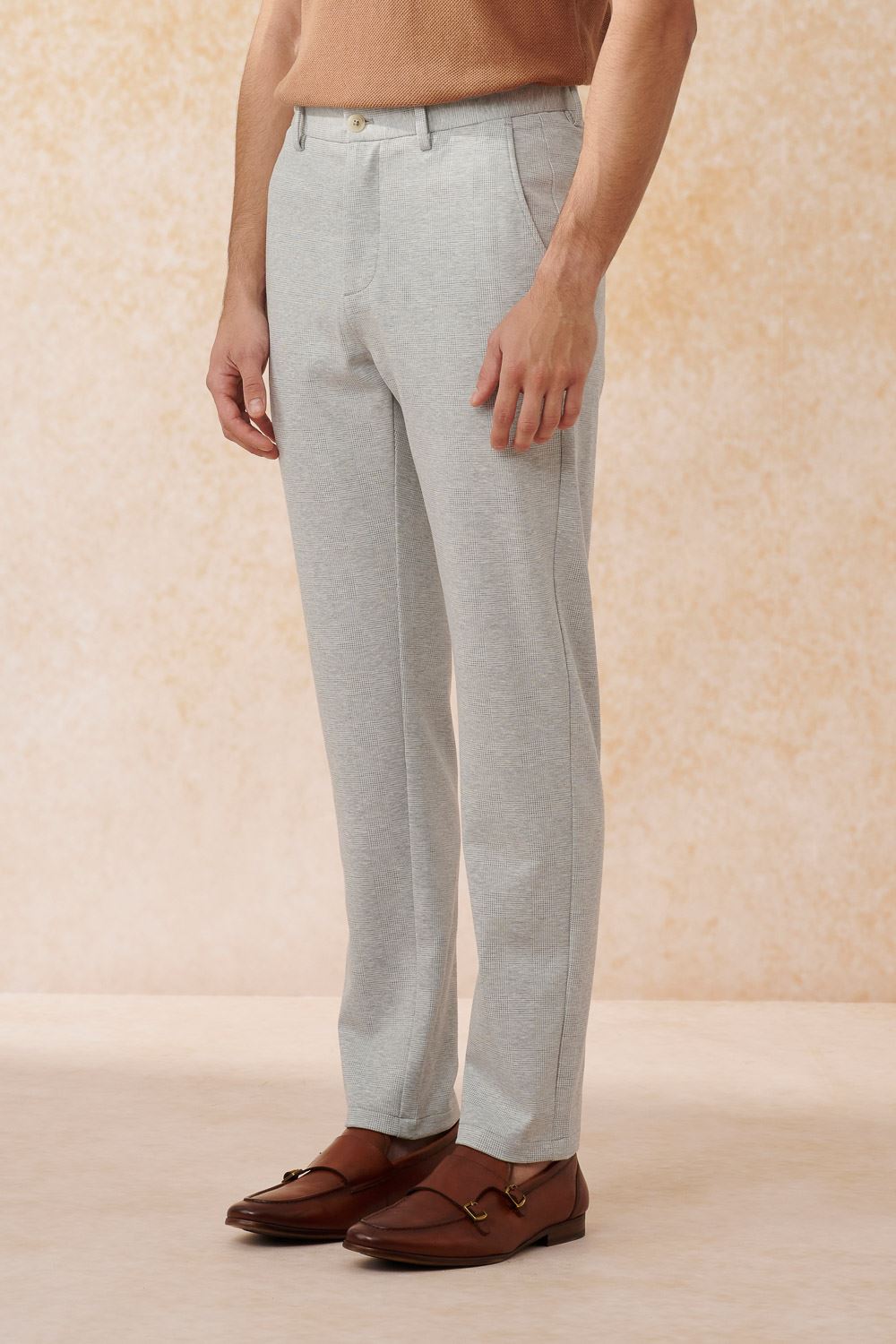 SST&C Light Gray Check Pattern Slim Fit Knitted Elastic Casual Trousers | 1212402003  (Outlet)_3