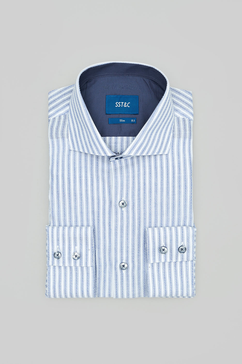 SST&C #Comfortable Cotton  Blue and White Striped Pattern Textured Slim Fit Shirt | 0312402004  (Outlet)_7