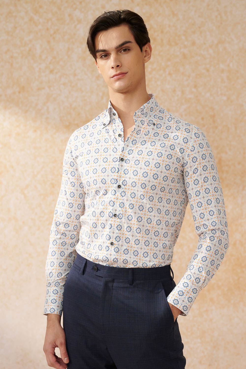 SST&C #Elastic Fit  Blue and Orange Geometric Arrangement Print Slim Fit Shirt | 0312402006  (Outlet)_0