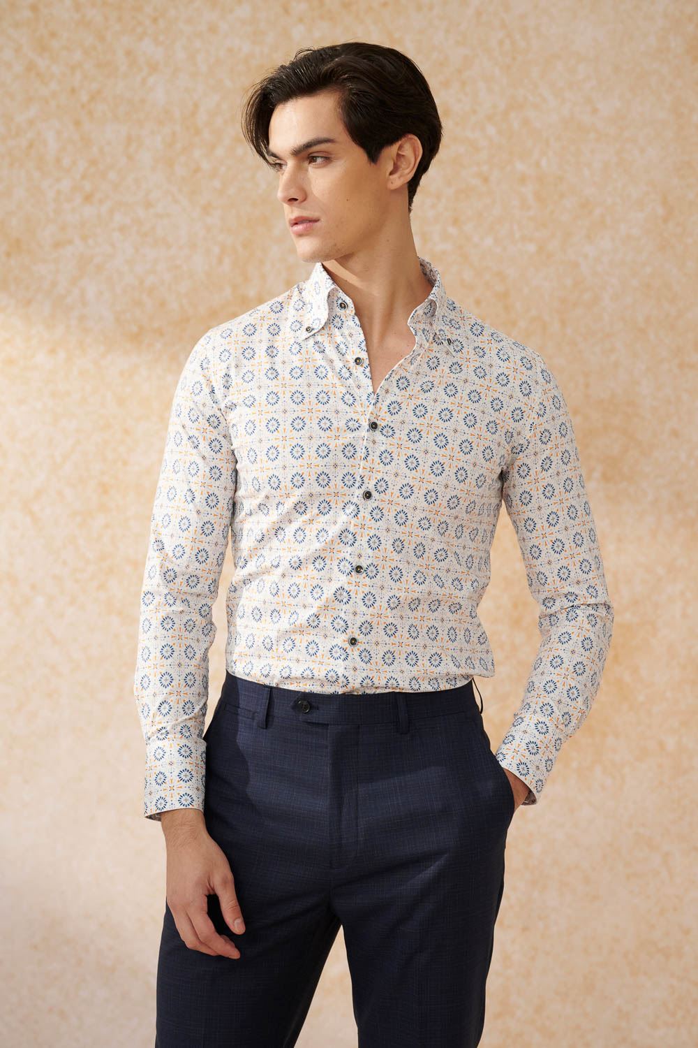 SST&C #Elastic Fit  Blue and Orange Geometric Arrangement Print Slim Fit Shirt | 0312402006  (Outlet)_1