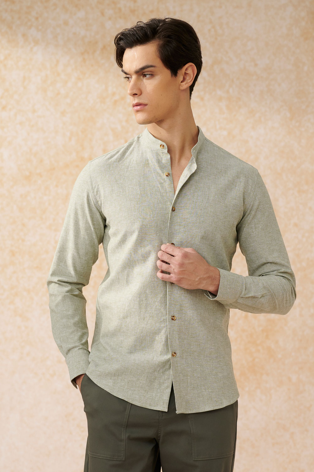 SST&C #Texture Cotton and Linen  Green Cotton and Linen Stand-Up Collar Standard Shirt | 0312402009  (Outlet)_0