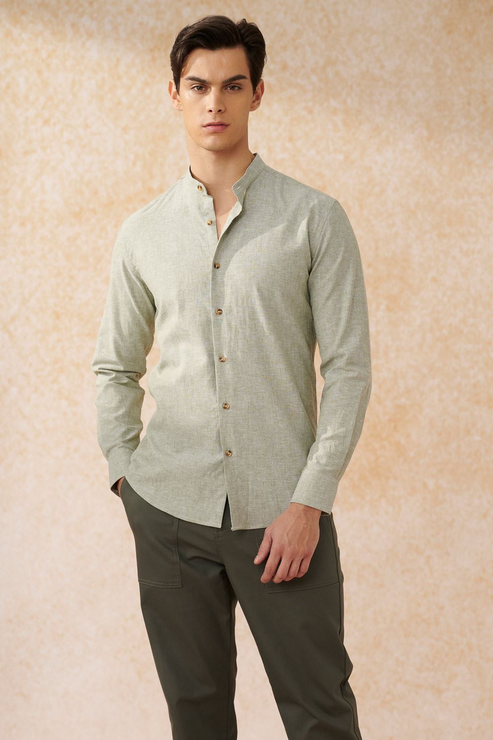 SST&C #Texture Cotton and Linen  Green Cotton and Linen Stand-Up Collar Standard Shirt | 0312402009  (Outlet)_1