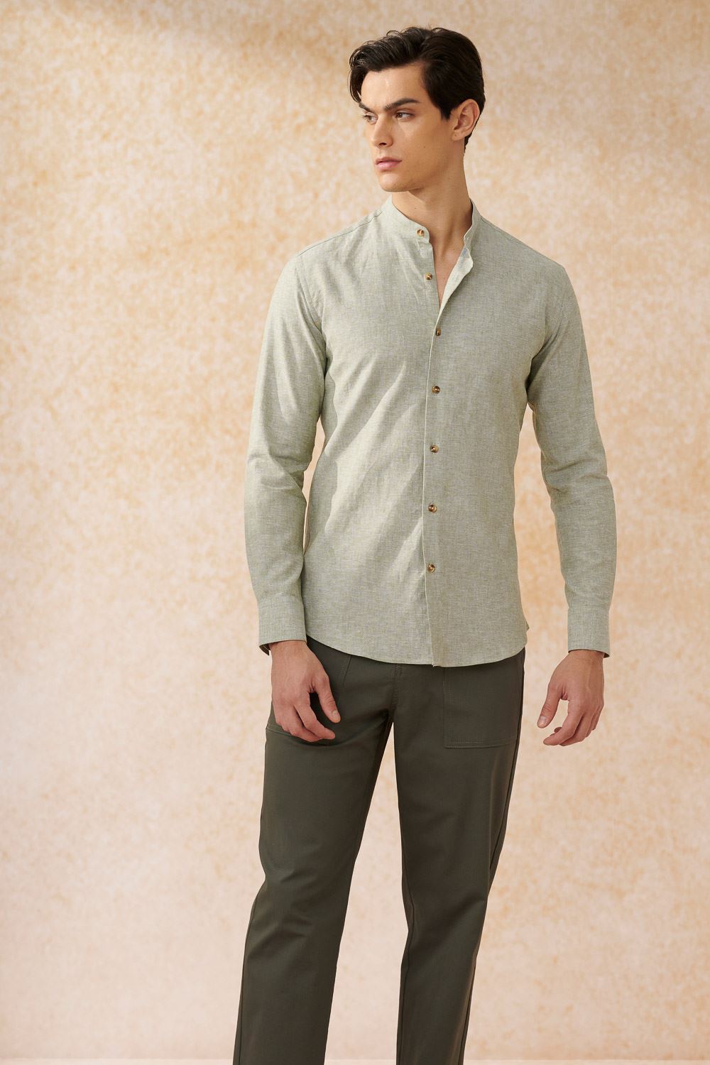 SST&C #Texture Cotton and Linen  Green Cotton and Linen Stand-Up Collar Standard Shirt | 0312402009  (Outlet)_2