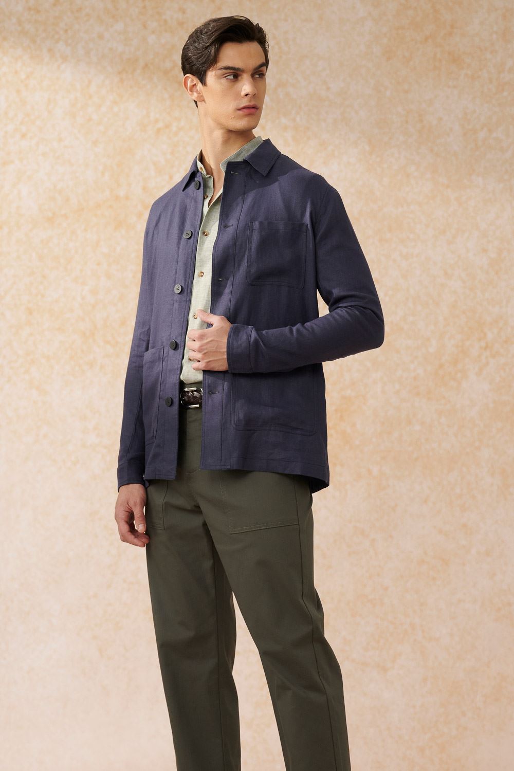 SST&C #Texture Cotton and Linen  Green Cotton and Linen Stand-Up Collar Standard Shirt | 0312402009  (Outlet)_4