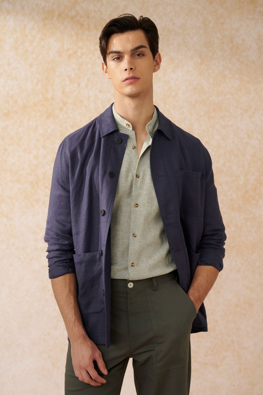 SST&C #Texture Cotton and Linen  Green Cotton and Linen Stand-Up Collar Standard Shirt | 0312402009  (Outlet)_5