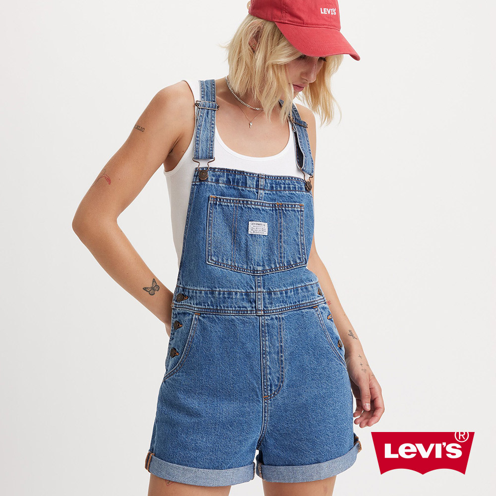 Levis 女款 高腰吊帶牛仔闊腿短褲 / 鈕扣穿脫  熱賣單品