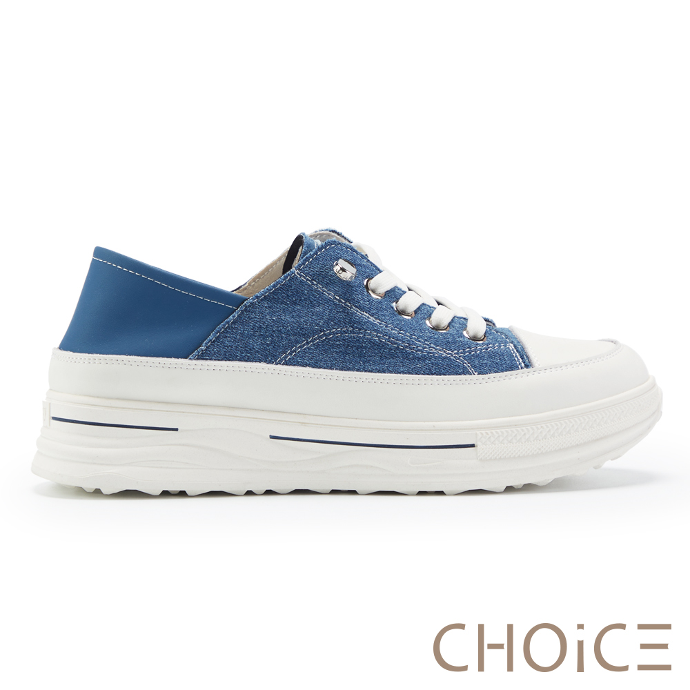 CHOiCE 牛仔布免綁帶厚底兩穿休閒鞋 藍色 #38363