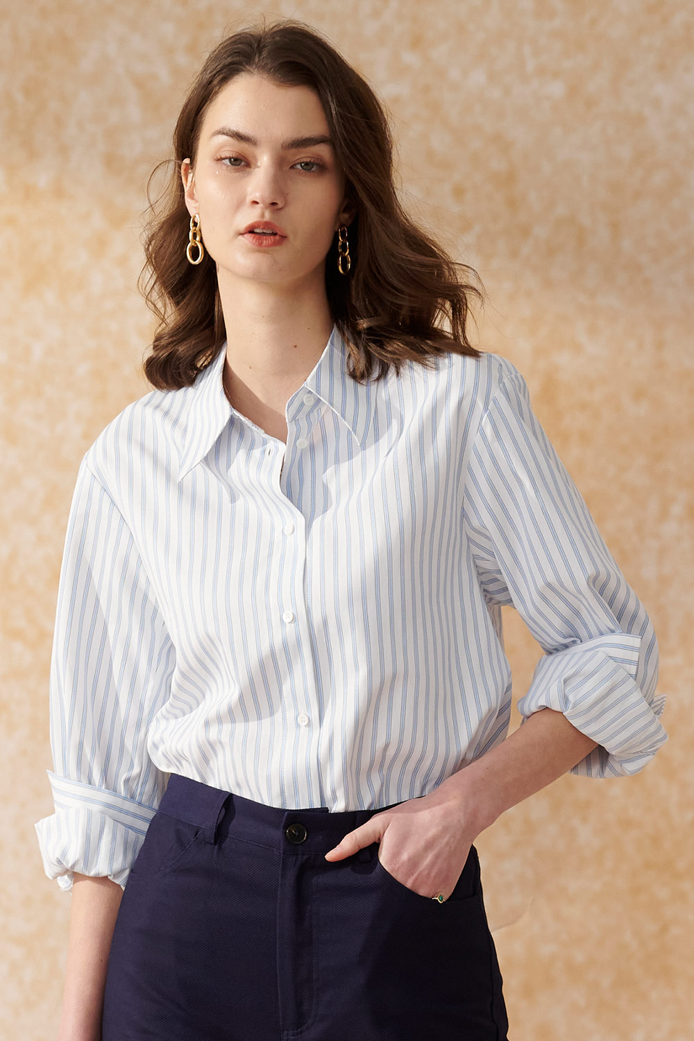 SST&C Light Blue Straight Stripe Loose Fit Cocoon Shirt | 7562403006  (Outlet)_0
