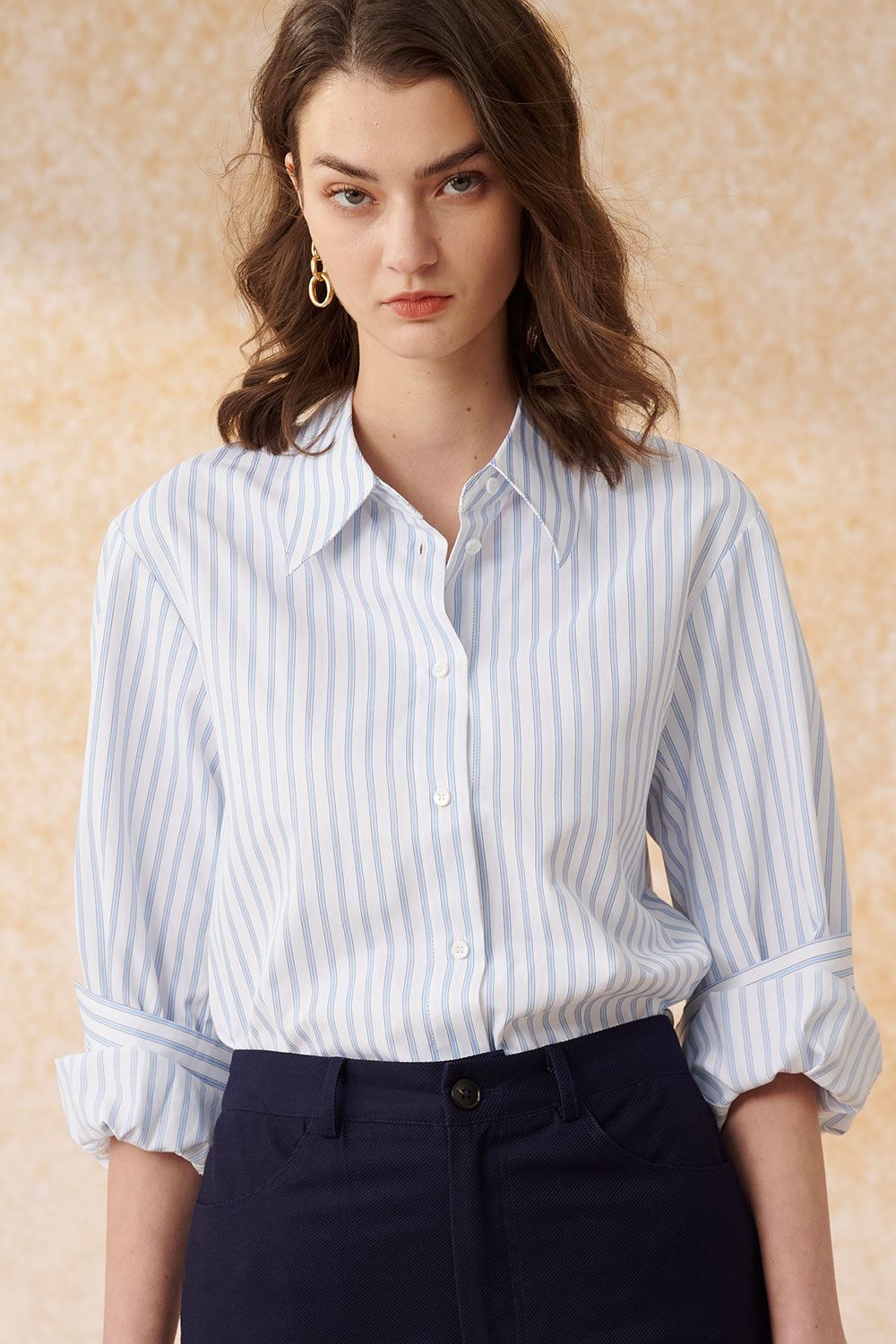 SST&C Light Blue Straight Stripe Loose Fit Cocoon Shirt | 7562403006  (Outlet)_1
