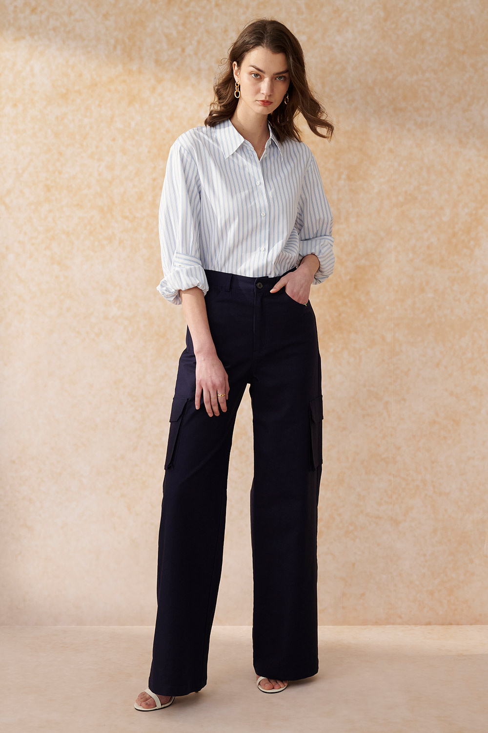 SST&C Light Blue Straight Stripe Loose Fit Cocoon Shirt | 7562403006  (Outlet)_3